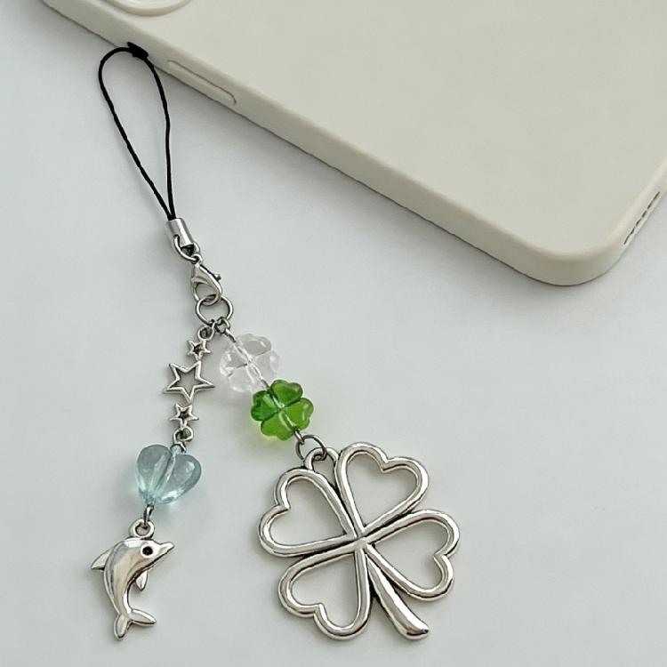 Vierblättriges Kleeblatt Anhänger mit Delfin Akzent Silberlegierung Schlüsselanhänger Zubehör für Handy Schlüssel Oder Rucksack