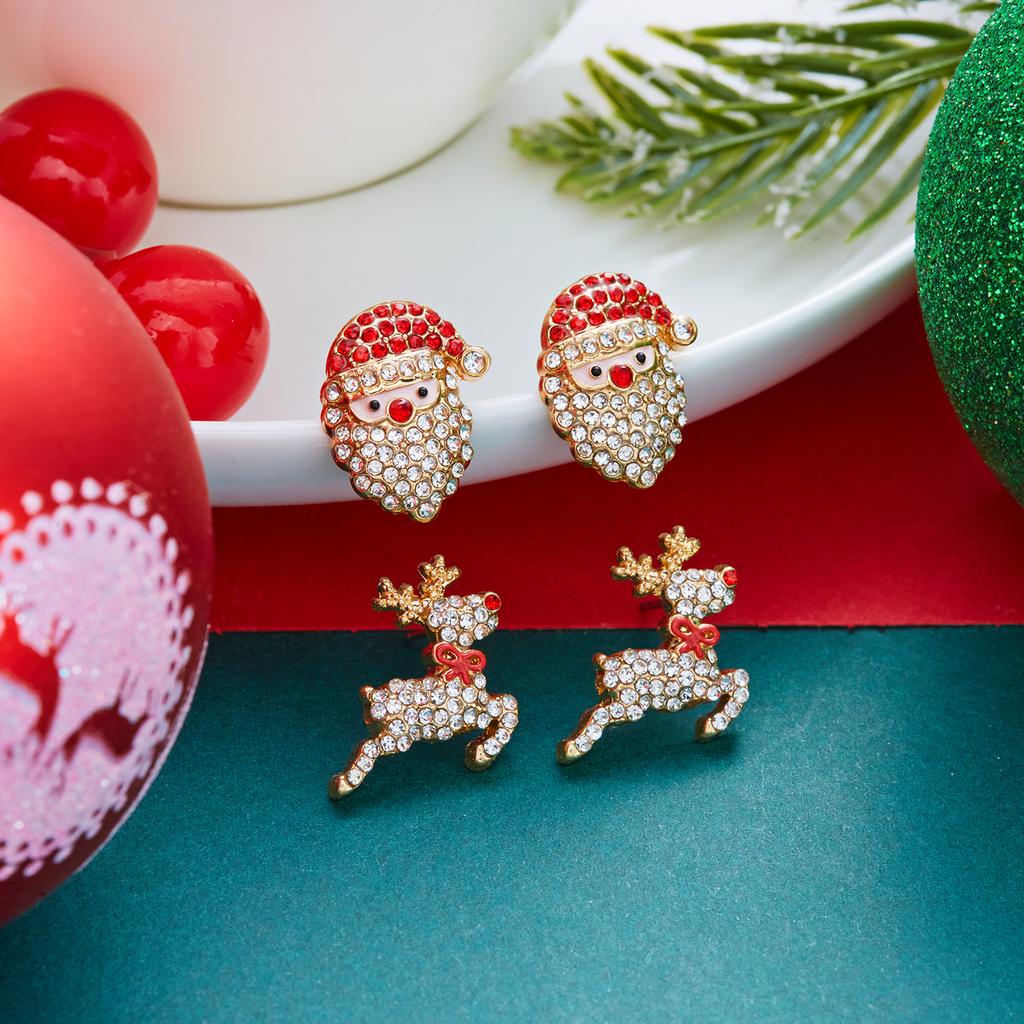 Joyful Christmas Santa Reindeer Gingerbread Stud Earring Set for Women Merry Holiday Rhinestone Earrings Festive Accessories