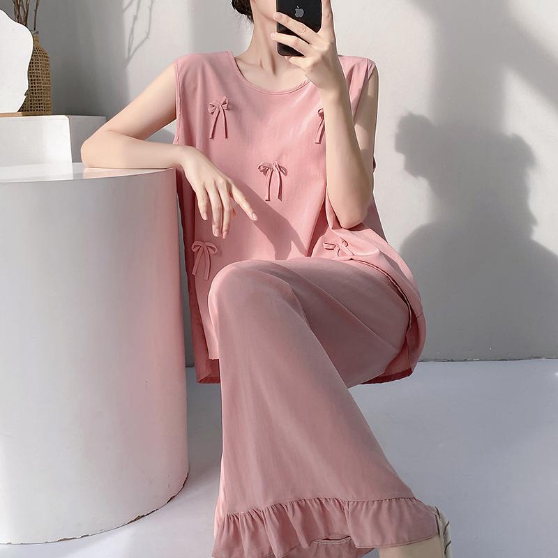 Summer Crew Neck Sleeveless Vest Two-piece Set Cotton and Silk Pajamas Women's Summer Cotton Silk Women's Summer Suit Dress