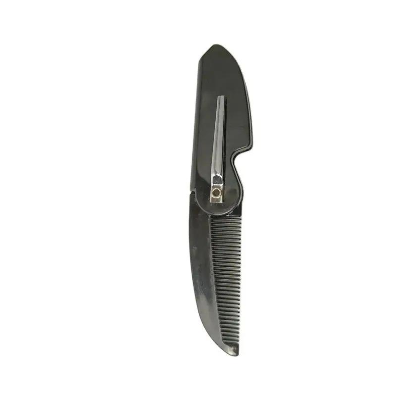 Black Pocket Folding Comb, Knife-Shaped Pompadour Comb with Clip, Portable Beard Comb