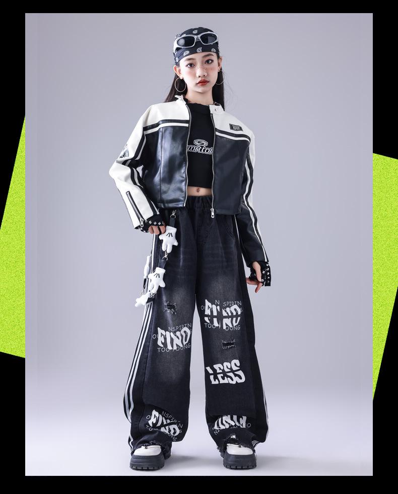 Neujahr Kinder Hip Hop Tanz Outfit - Amerikanische Trendige Lederjacke & Performance Set