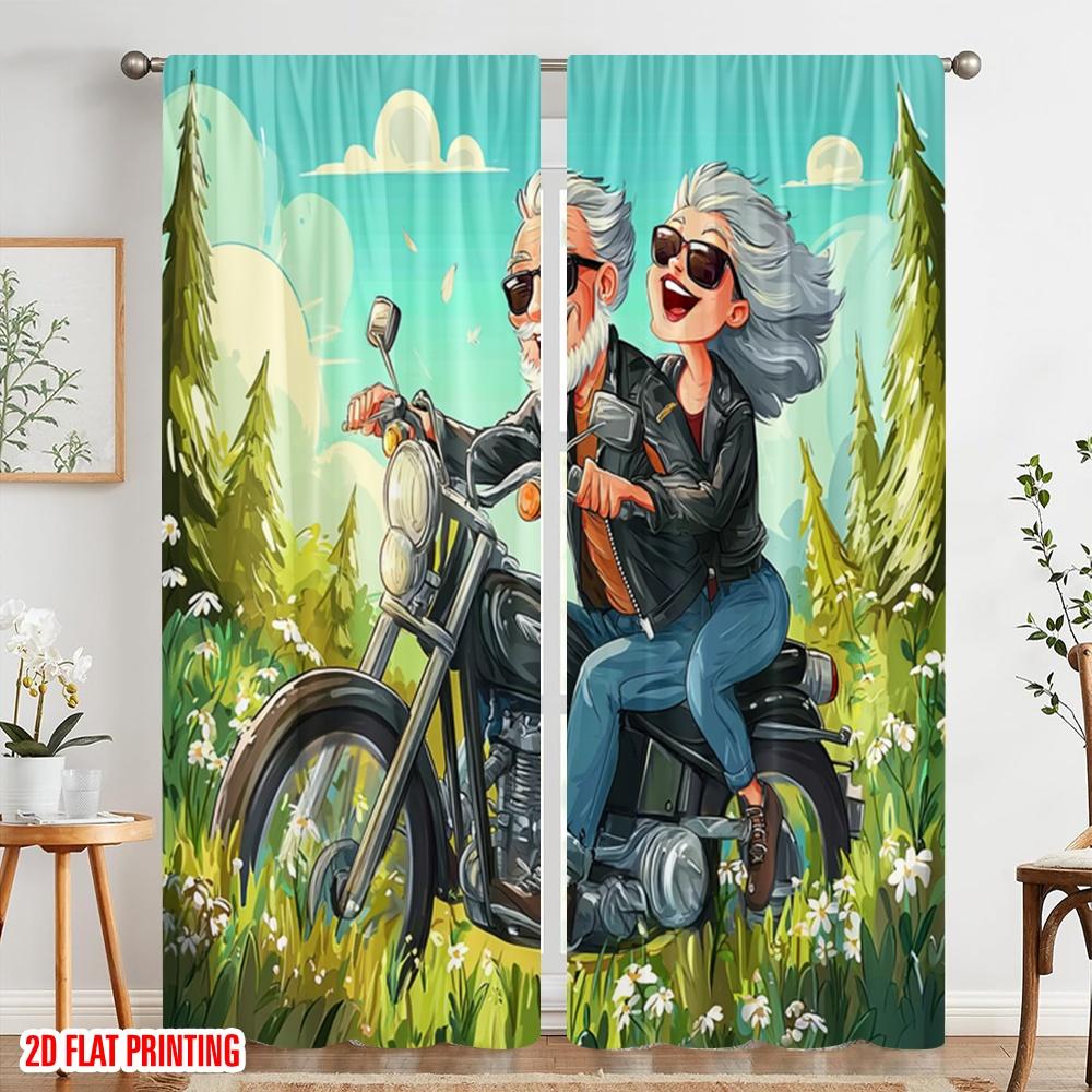 2 Stück, 2D-Flachdruck Vorhangstoff Opa und Oma fahren Motorrad Vielseitiger Stoff (ohne Stange) Dekorationen Innen
