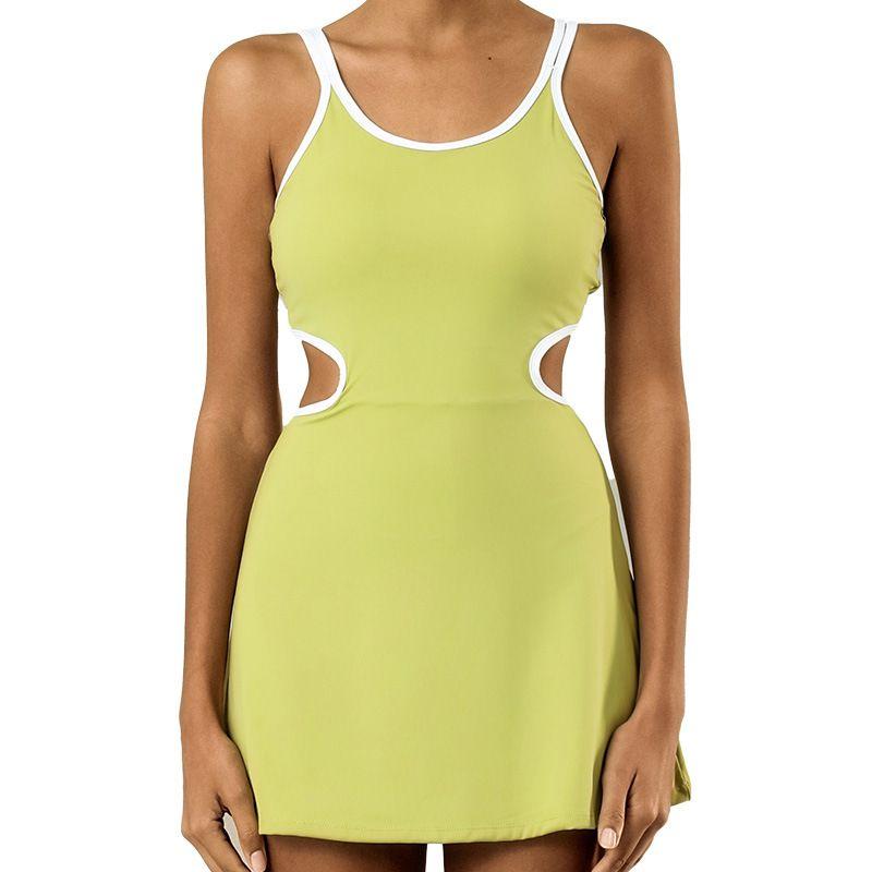 

European and American Sports One-Piece Dress Women Containing Chest Pad High Elastic Quick-Drying Beauty Back Cross Anti-exposure Tennis Skirt Yellowish Green L