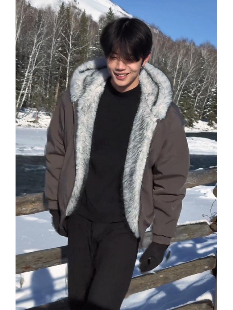 Polar Wolf King Men's Winter Hooded Jacket with Heavyweight Mink Fur and Large Collar, Plus Velvet Thickened Cotton Outerwear