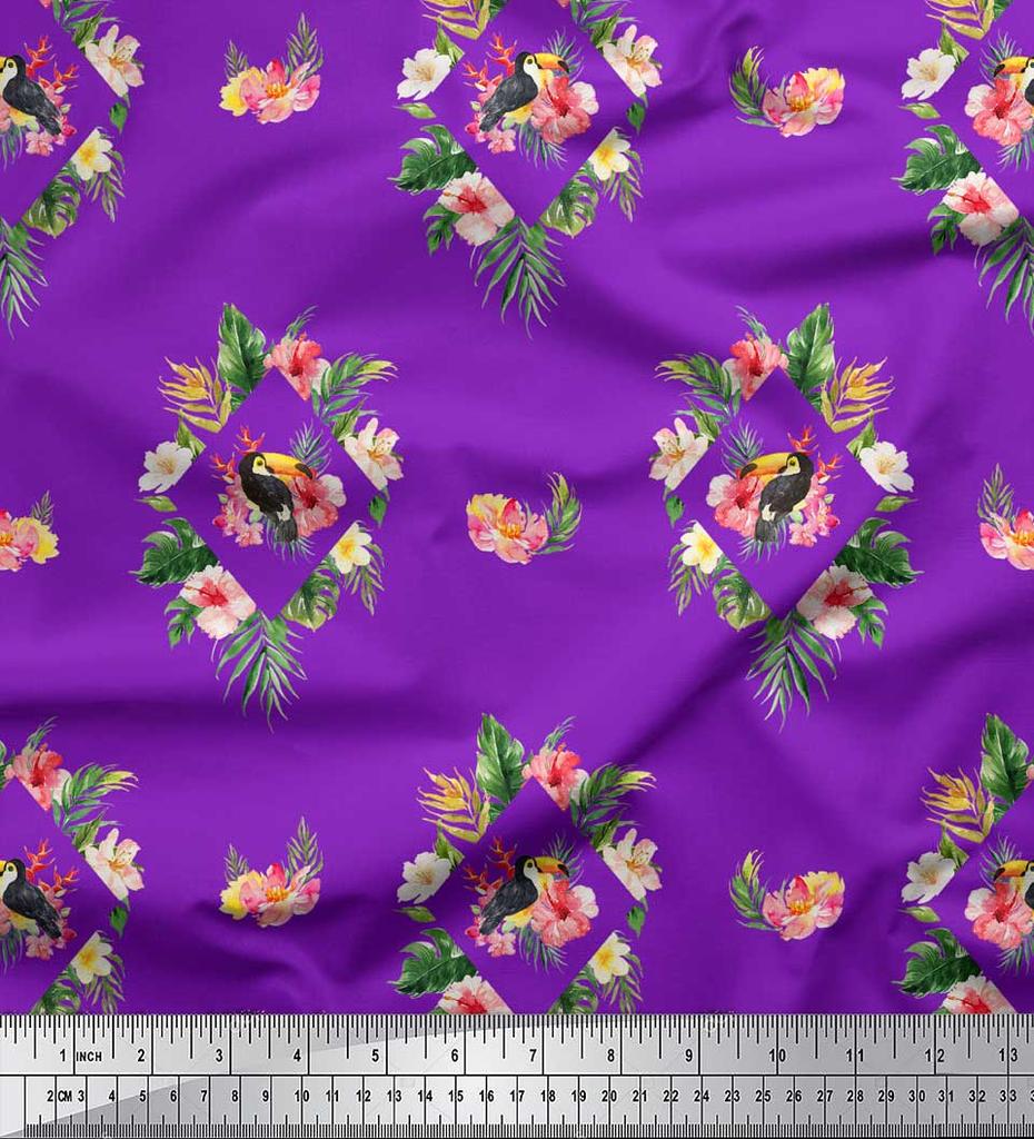 Soimoi Blue Poly Crepe Satin Fabric Bird & Floral Print Print Fabric by the Metre 42 Inch