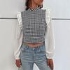 Women Spring Autumn Ruffles Lantern Sleeve Houndstooth Printed Bare Midriff Pullover Shirt Top