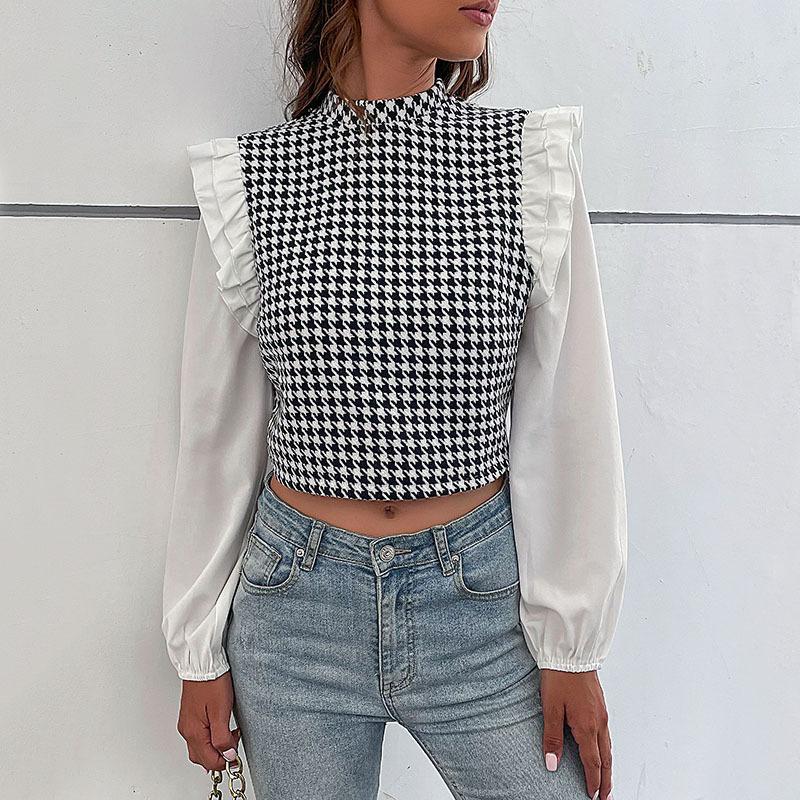 Women Spring Autumn Ruffles Lantern Sleeve Houndstooth Printed Bare Midriff Pullover Shirt Top