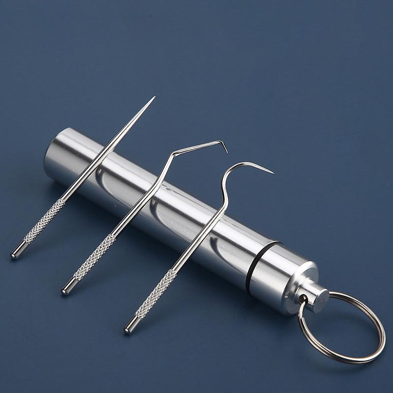 Portable Reusable Stainless Steel Toothpicks & Floss Set + Aluminum Alloy Barrel