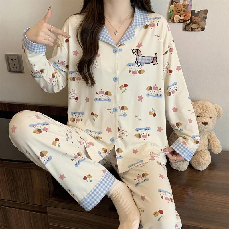 Spring and Autumn New Imitation Cotton Pajamas Women's High-end Plaid Long-sleeved Cartoon Embroidered Loungewear Two-piece Set