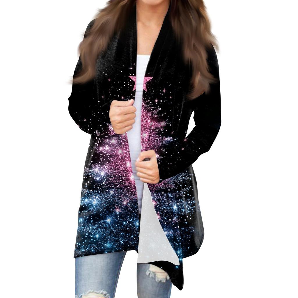 Women's Fashion Christmas Print Jacket Long Sleeve Casual Cardigan Coat