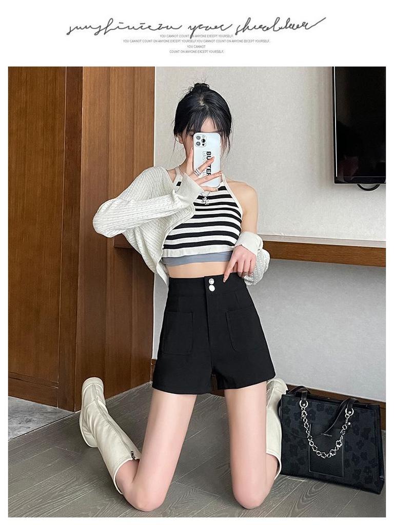 Plus Size High Waist Black Elastic Letter Wide-Leg Shorts - Korean Style Women's Summer Slimming Hot Pants.