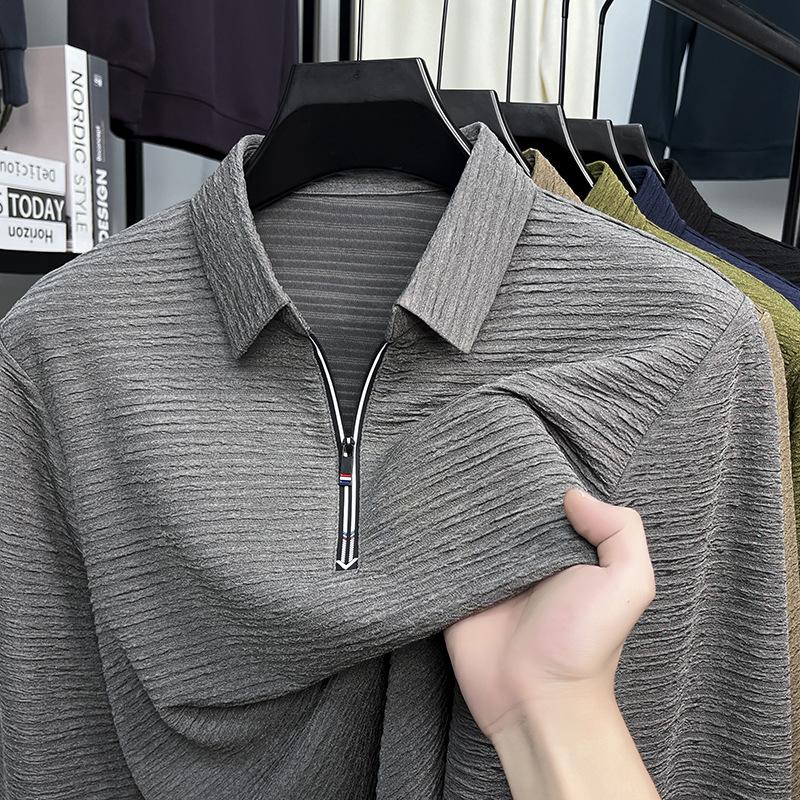 

Новая жаккардовая футболка премиум-класса с отложным воротником, однотонная, универсальная, повседневная, свободного кроя, на полумолнии, мужская L серый