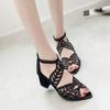 Fashion 2025 Fashionable Rhinestone Fish Mouth  Women's Summer New Hollow-out Large Size Chunky Heel Midheel Back Zipper Sandals