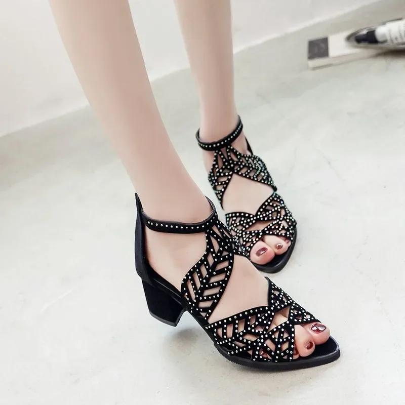 Fashion 2025 Fashionable Rhinestone Fish Mouth  Women's Summer New Hollow-out Large Size Chunky Heel Midheel Back Zipper Sandals