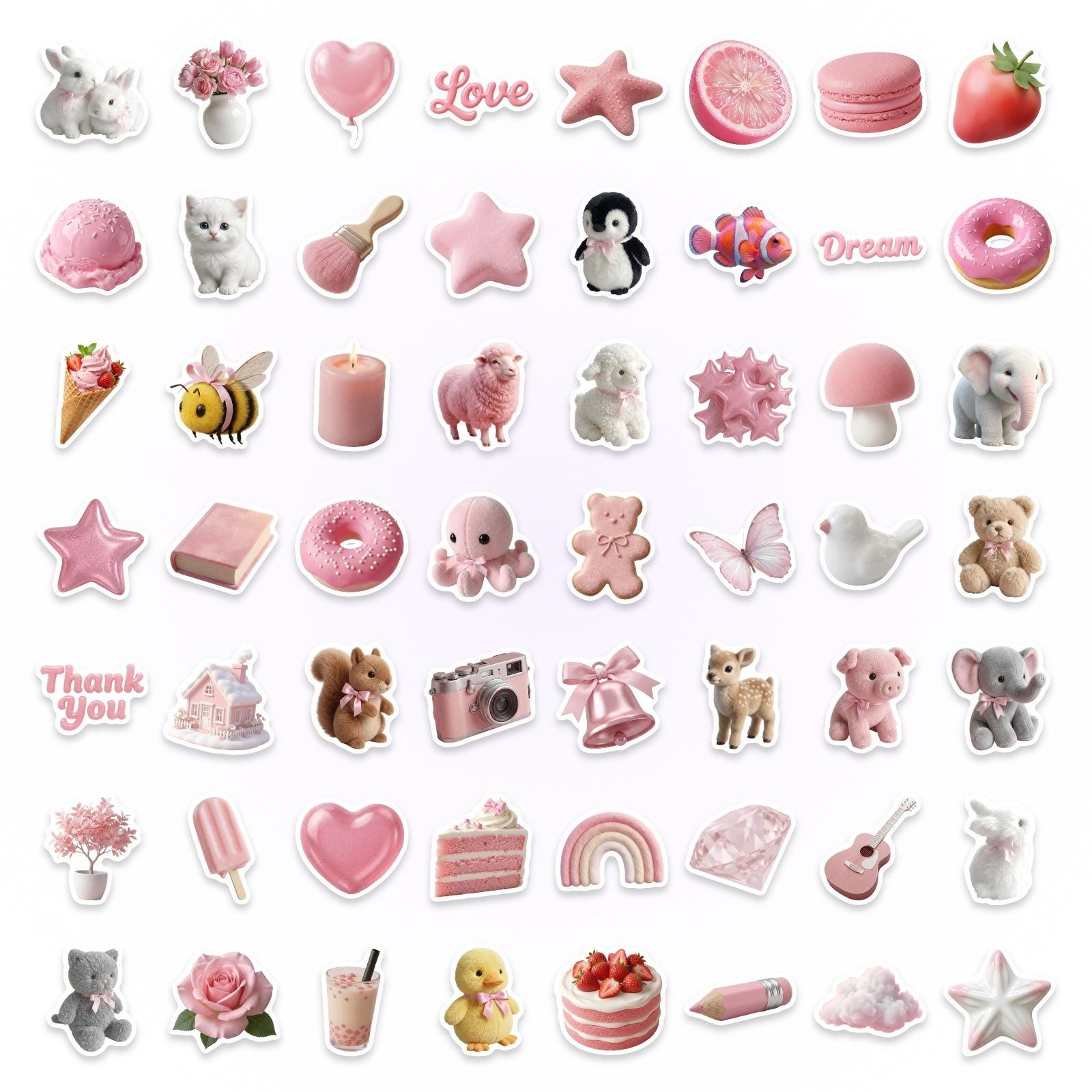 

50 Girls Heart Pink Plush Sticker Set Cute Animal Dessert Hand Account Material Waterproof Decorative Sticker