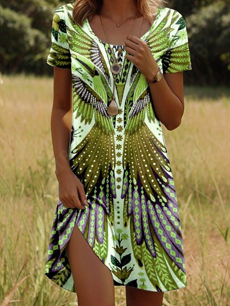 Women's New Round Neck Short Sleeve Dress with Indian Print – European & American Style