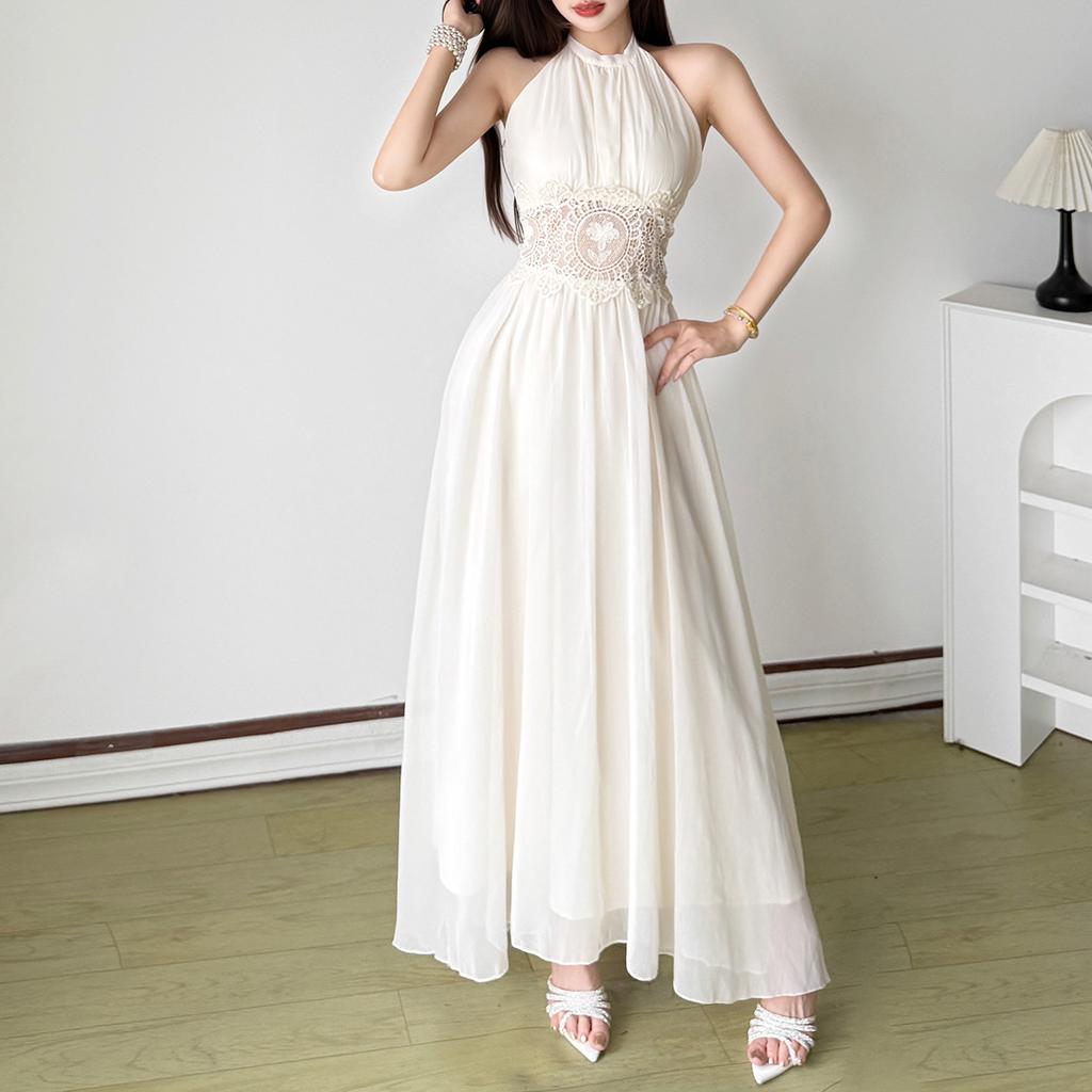 2026 European and American summer new elegant temperament splicing lace neck backless gauze slim dress women