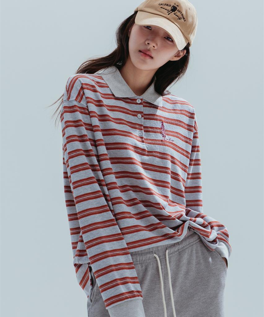ANNEHEARTS Wide Stripe Collar Polo Tee_Gray