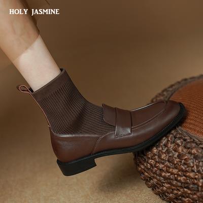2024 New Autumn Winter Women Ankle Boots Knitting Splicing Genuine Leather Square Heeled Shoes Woman Office Black Womens Boots