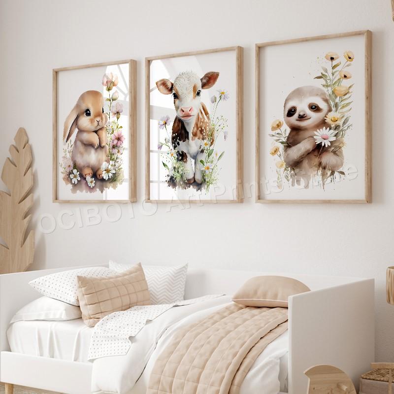 Watercolor Animals Wildflower Lion Rabbit Bear Panda Cow Flamingo Posters Of Wall Art Canvas Prints Picture Baby Kids Room Decor