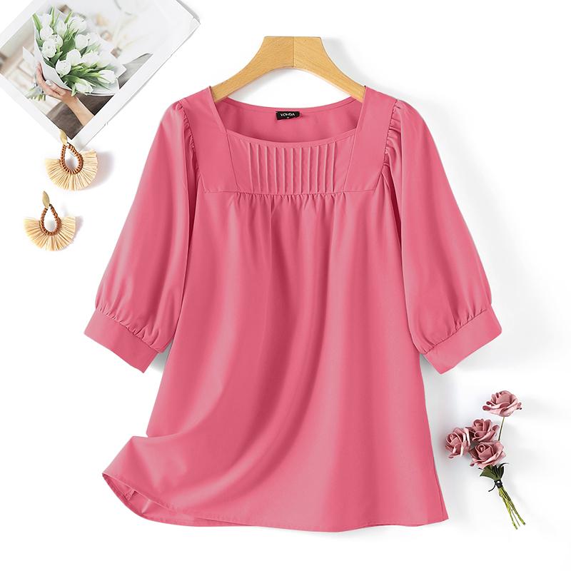 VONDA Summer Women's Round Neck Half Sleeve Striped Solid Color Loose Blouse