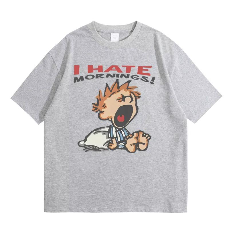 Ich hasse Morgen T-Shirt Unisex Damen Mode Lustig Retro Cartoon T-Shirts Unisexs Lässig Baumwolle Kurzarm T-Shirts Streetwear