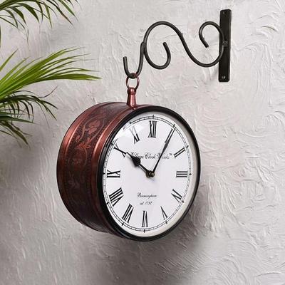 Vintage Style Hanging Metal Clock Made with Brass Double Sided Analogue Railway Clock Antique Brass or Copper Ornamental Finish.