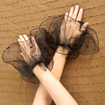 Women Party Tulle Wrist Cuffs Hand Sleeve Flared Lace Pearl Bead Mesh Wedding Fake Sleeves