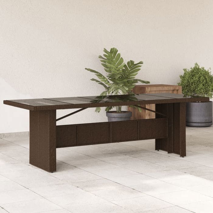 VidaXL Table de jardin avec dessus en verre marron résine tressée, table d'extérieur, table à manger de jardin, meuble de 365598