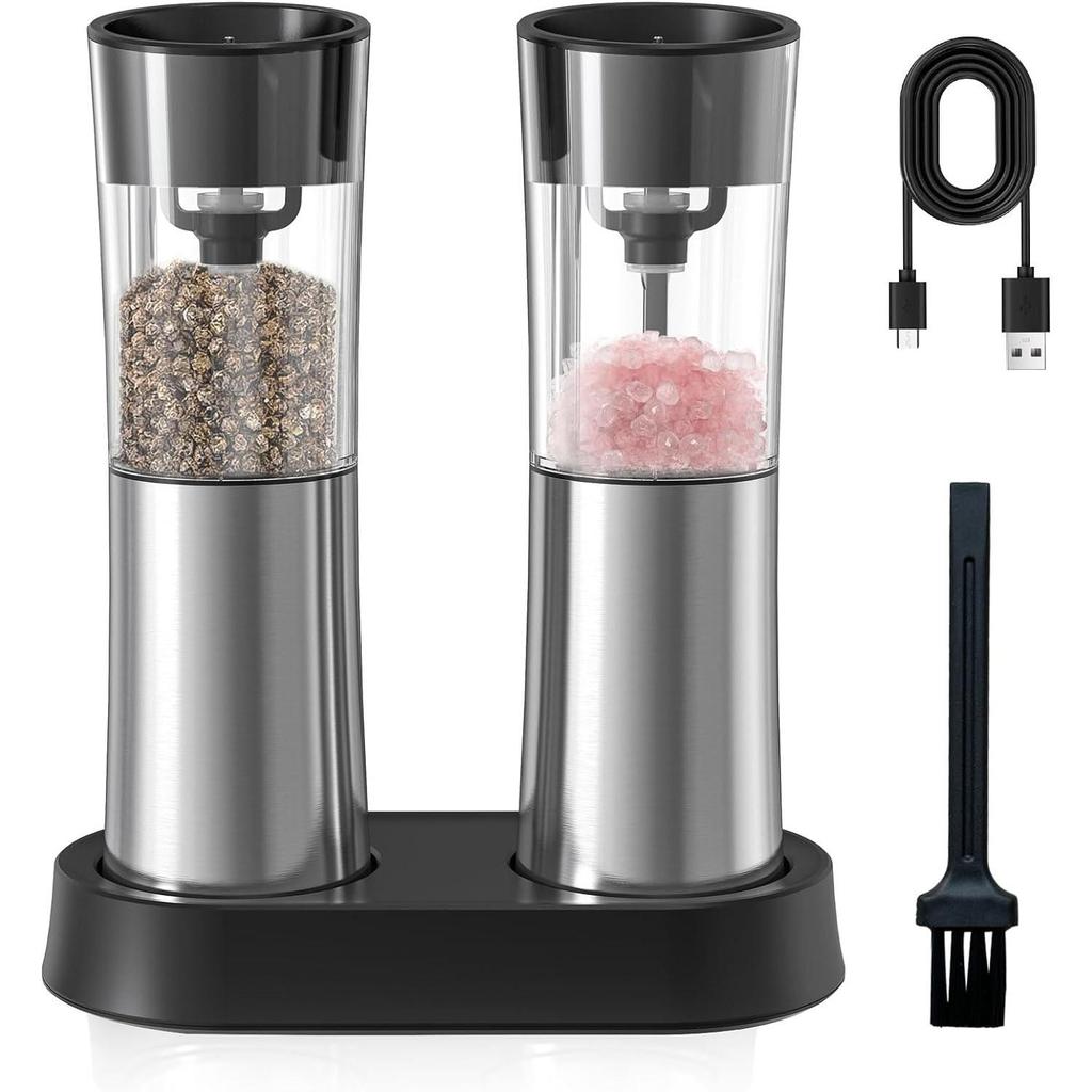 Elektrisk salt- og pepperkvernsett — Gravity oppladbar automatisk kvern med ladebase og LED-lys, justerbar grovhet