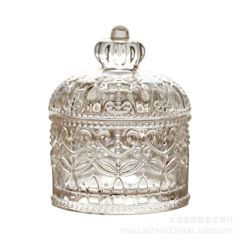 Creative Clear Glass Storage Jar Crown Embossed Glass Crystal Tea Jar Candy Storage Box with Lid Cotton Swab Box Home Decoration 2790₽