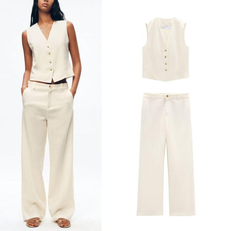 Spring New Two-Piece Suit Linen Vest 8008967 Linen Blend High Waist Flared Pants 8043967