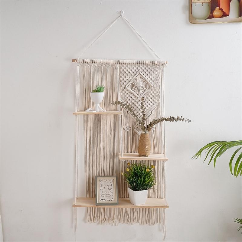 Macrames Wall Shelf 3 Tiers Tassels Shelves for Wall Tapestry Hangings Shelves Cotton Rope Organizers Indoor Plant Decors