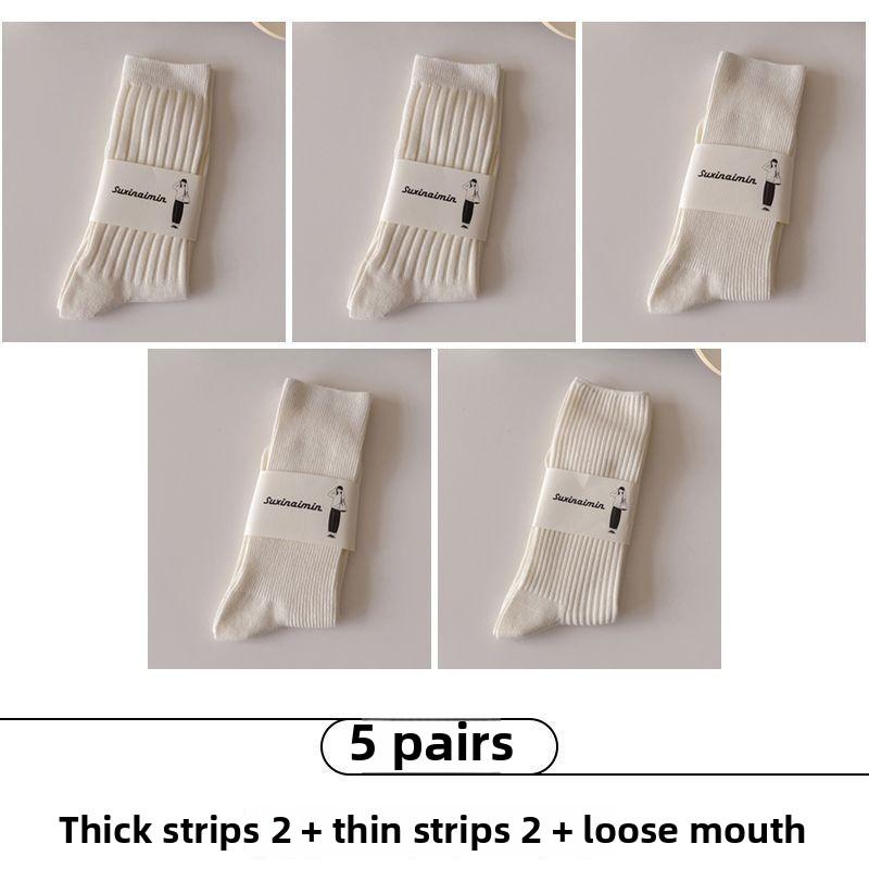 5 Pairs of Female Autumn and Winter Sweat Absorbent Vertical Stripes In The Tube Stack Socks