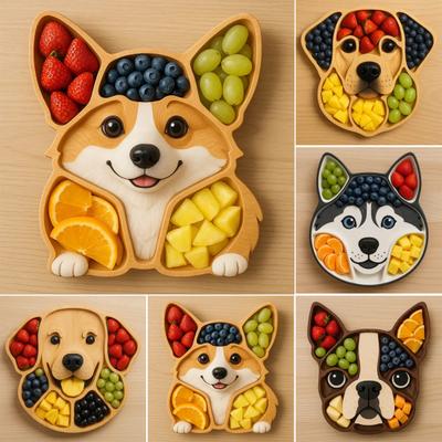 Charcuterie talíř s přihrádkami Podnos na předkrmy s psí tématikou na sýry, maso a svačiny Servírovací prkénko s psí tváří na večírky a pikniky