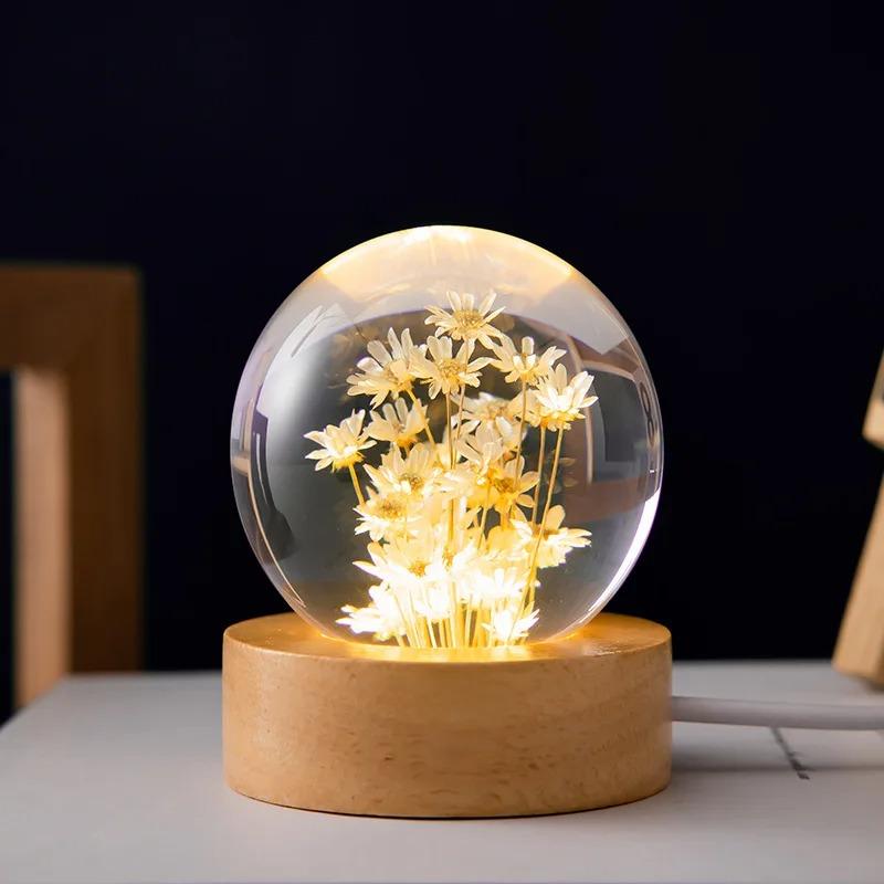 3D Dandelion Crystal Ball 5cm 6cm Luminous Flower Crystal Ball Beech Wood Stand Preserved Flower Sphere Ball Desktop Ornaments