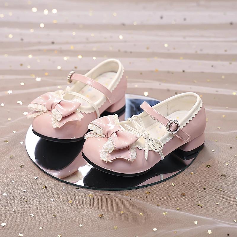 Girls High Heeled Dress Shoes Princess Chic with Double Bow-knot Kids Princess Wedding Party High Heels Fashion Leather Shoes