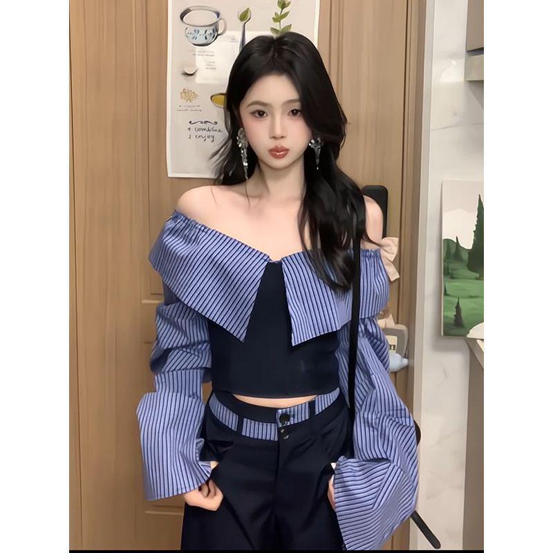 

Age-Reducing Korean Style Off-Shoulder Striped Patchwork Top & Trousers Set Extra Large