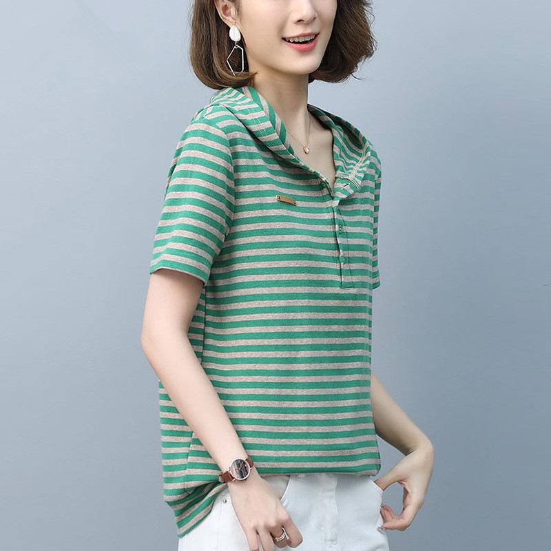 Flow Temperament Fashion Striped Hooded Short Sleeves Summer New Casual Large Size Women's Clothing Slim Top