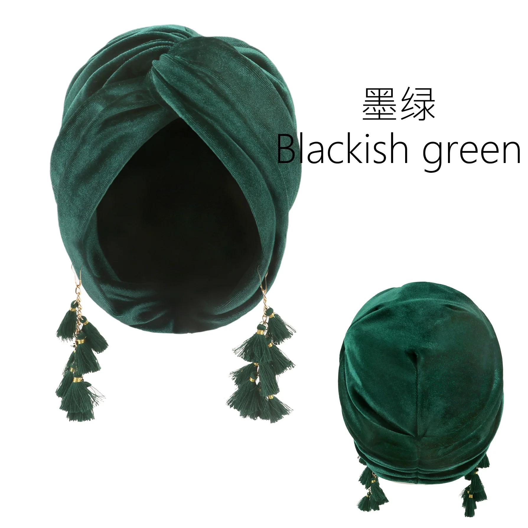 

New Muslim Women Velvet Tassel Turban Hat Soft Stretch Bohemian Cross Pullover Bandana Headband Beanie Cap Islamic Head Wrap 58-59