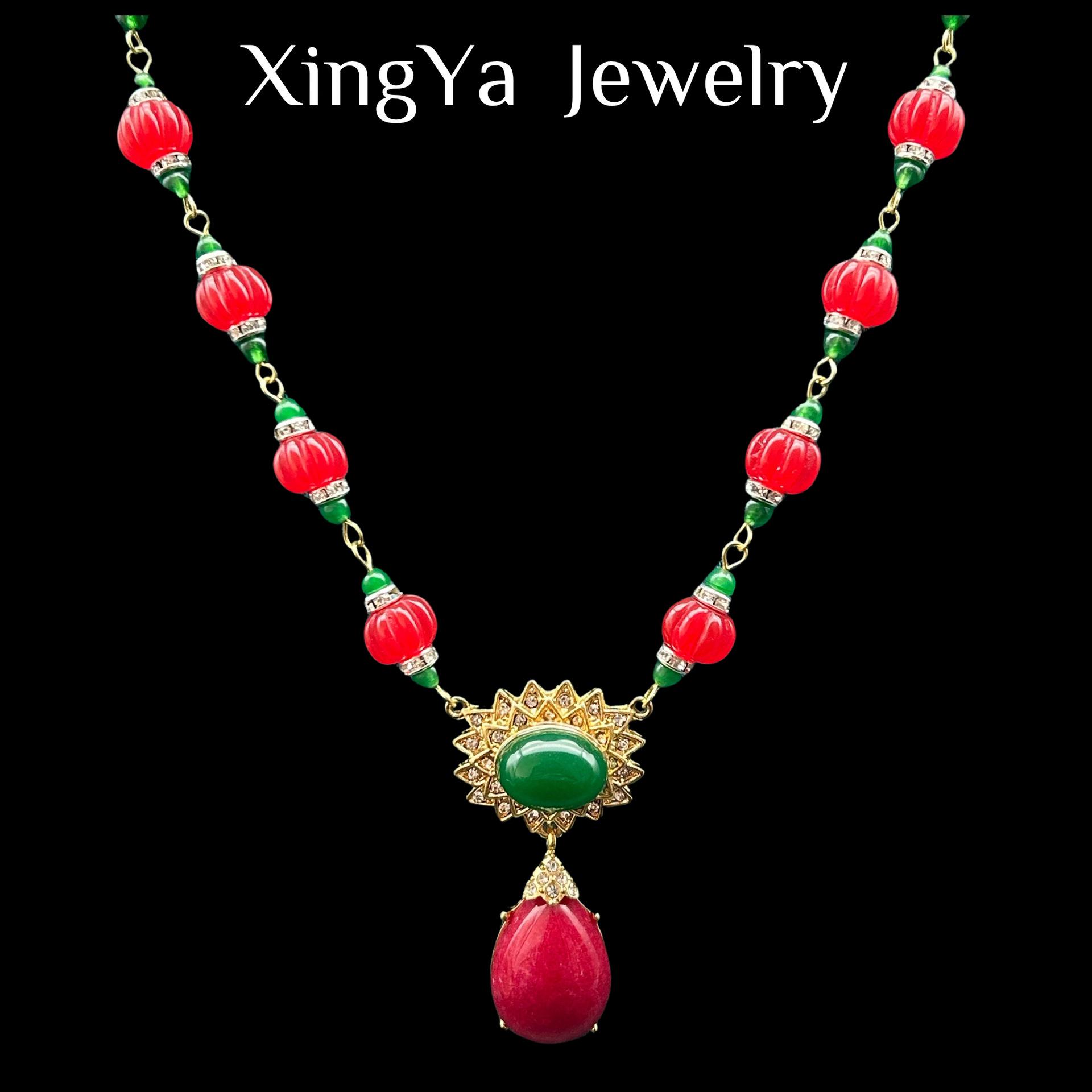 Retro Style Elegant High-end Contrasting Red Pumpkin Bead Glass Necklace Earring Set