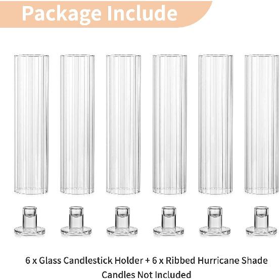 NUPTIO Taper Candle Holders for Centerpiece: Ribbed Hurricane Glass Candlestick Holder - Set of 6 Windproof Fluted Candle Stick Stand for Fall