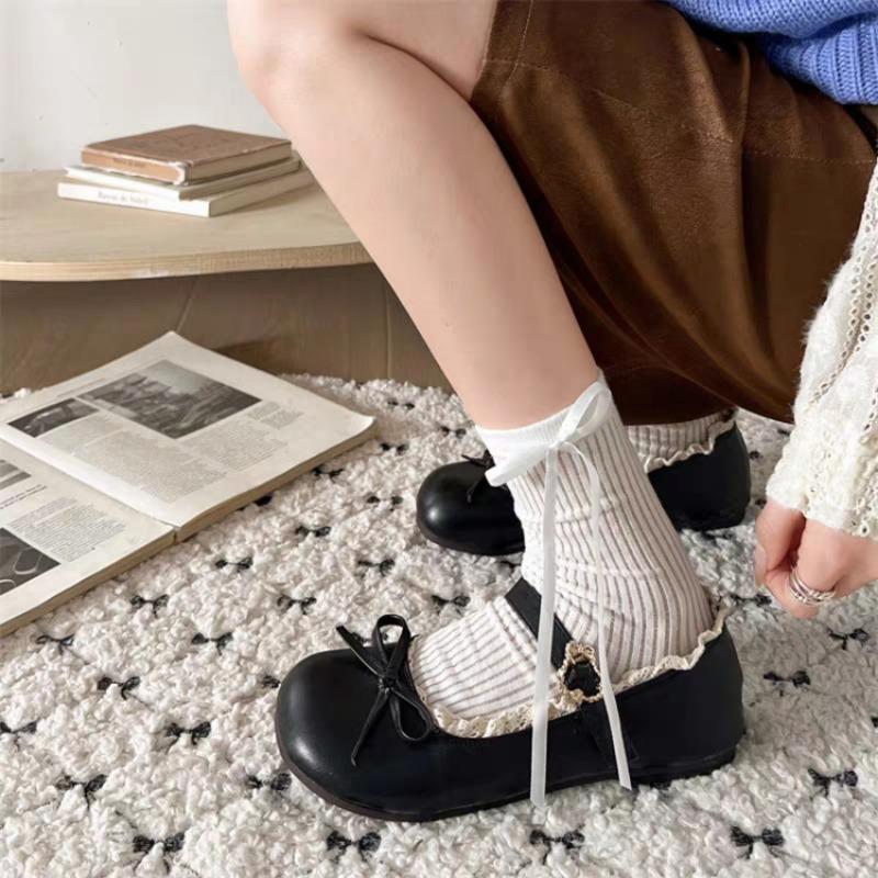 Lolita skor med rund tå, spets, Mary Jane-stil, nya enspänneskor med rosett, studentuniform, läderskor