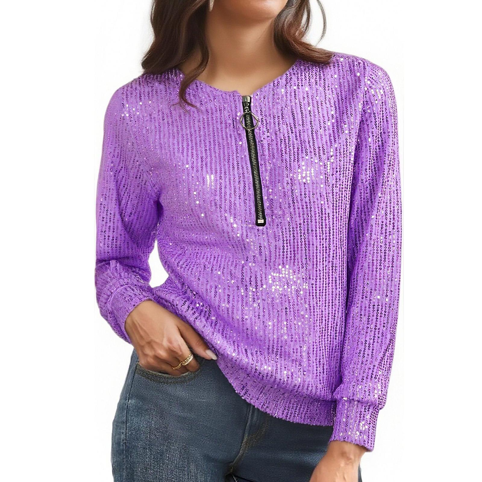 

Women s Fashionable Casual Loose-Fit Round Neck Long-Sleeved Solid-Colour Sequinned T-Shirt Top XL
