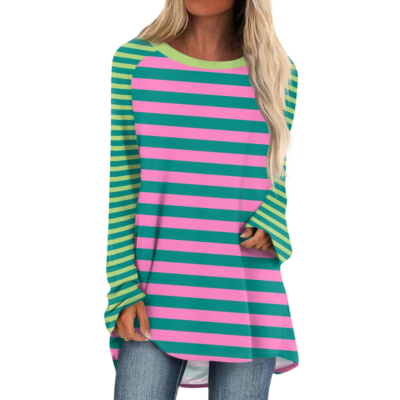 

Женская мода повседневная спущенная линия плеча с длинным рукавом миди полосатый принт топ M