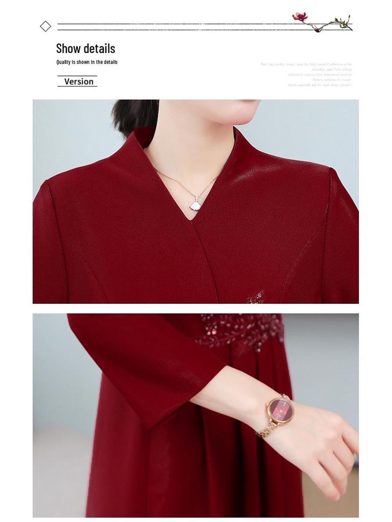 Wine Red Spring 2023 Elegant Wedding Banquet Dress for Middle-aged Mothers