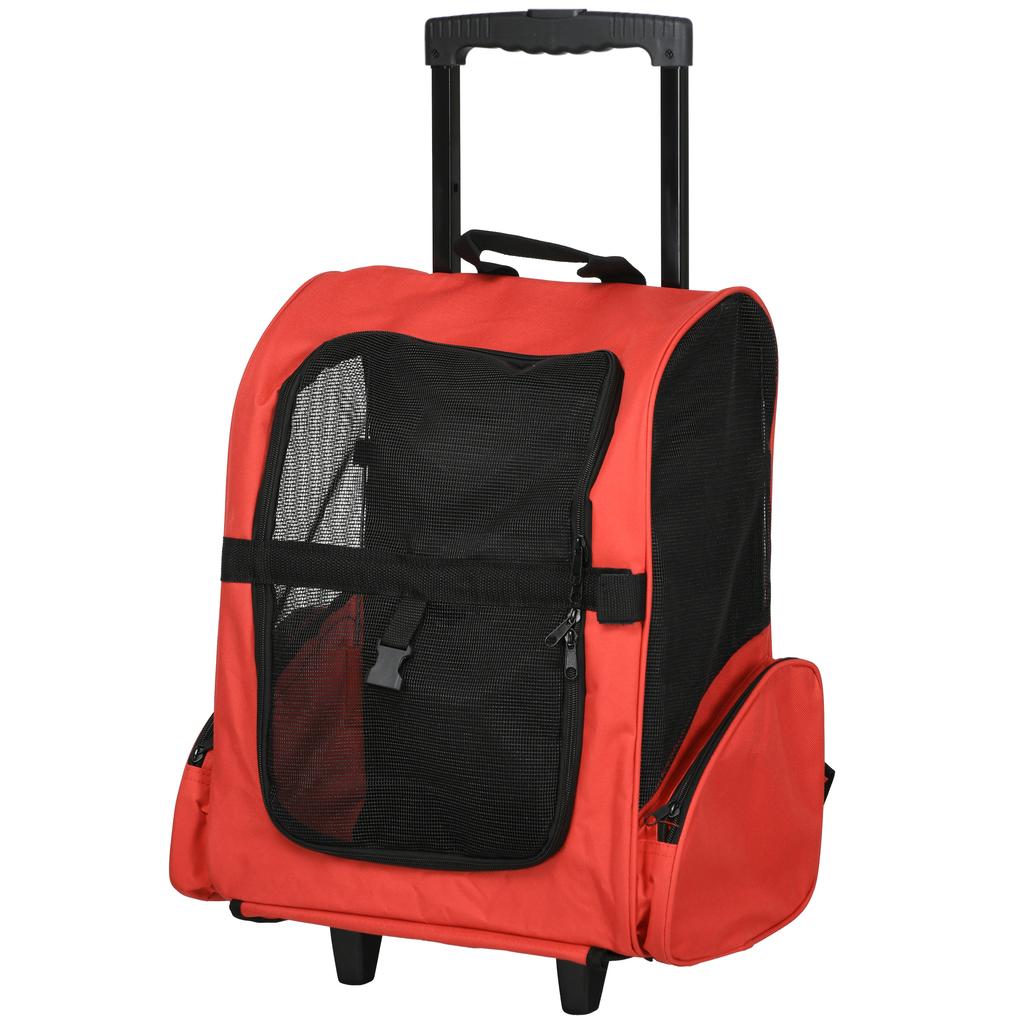 Pet Travel Backpack Bag Cat Puppy Dog Carrier W/ Trolley and Telescopic Handle Portable Stroller Wheel Luggage Bag (Red)
