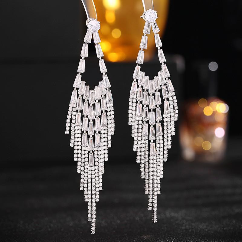 Black Long Tassel Zirconia Earrings with S925 Silver Needle - Elegant European & American Design for Women