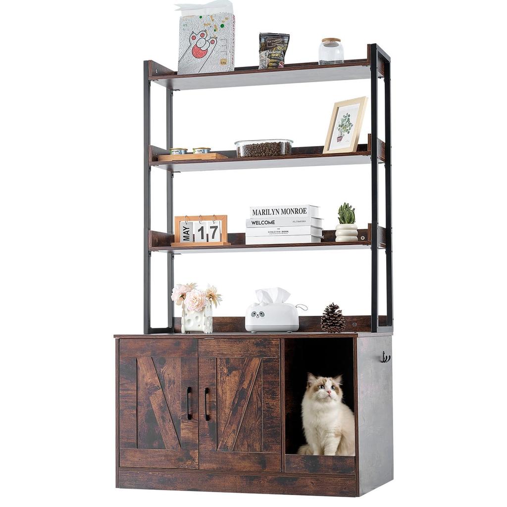 VEVOR Cat Litter Box Enclosure, Hidden Litter Box Furniture with 3 Storage Shelves, Wooden Cat Washroom Indoor