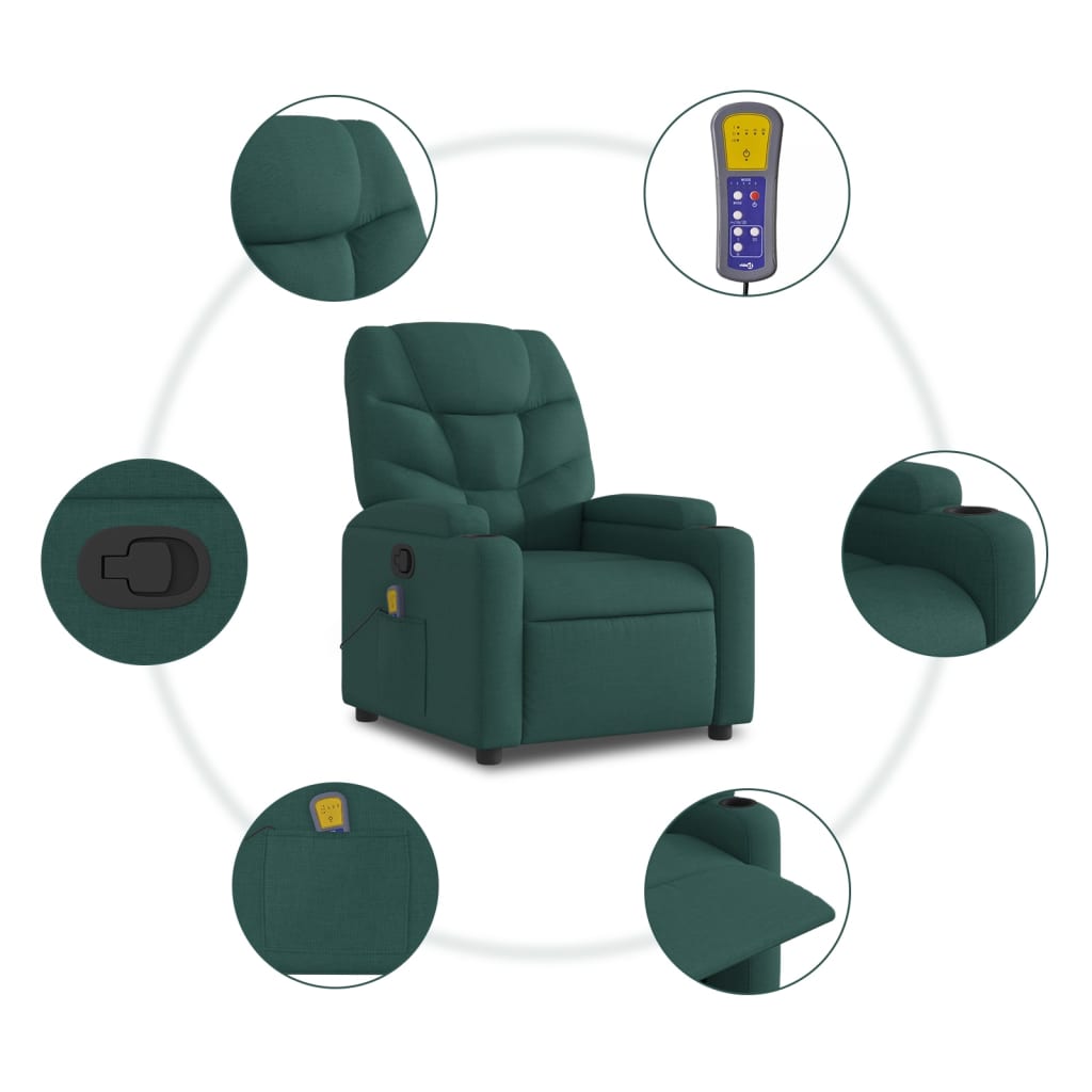 Massage Recliner with Rising Function Dark Green Fabric